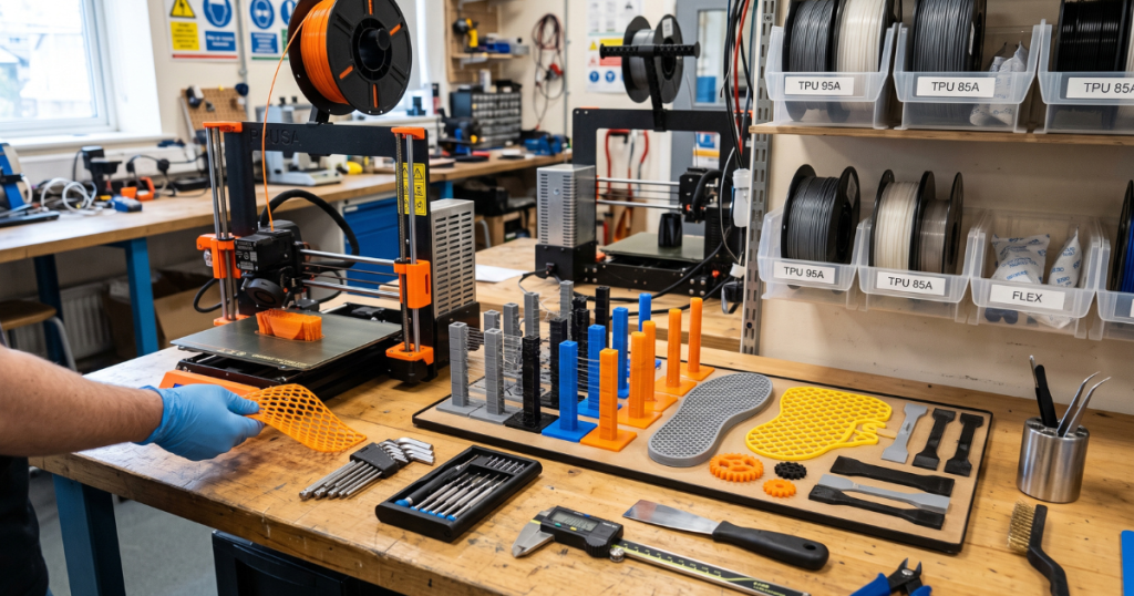 Gloved hands flexing an orange TPU sample beside hardness test towers and labeled filament spools.