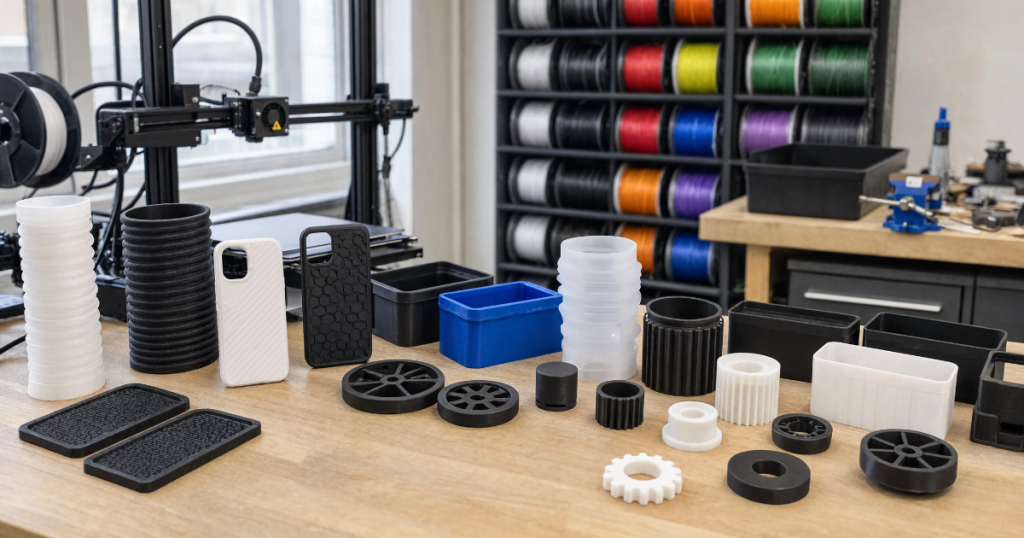 Collection of flexible TPU containers, phone cases, gears, wheels, and textured parts displayed beside a 3D printer.