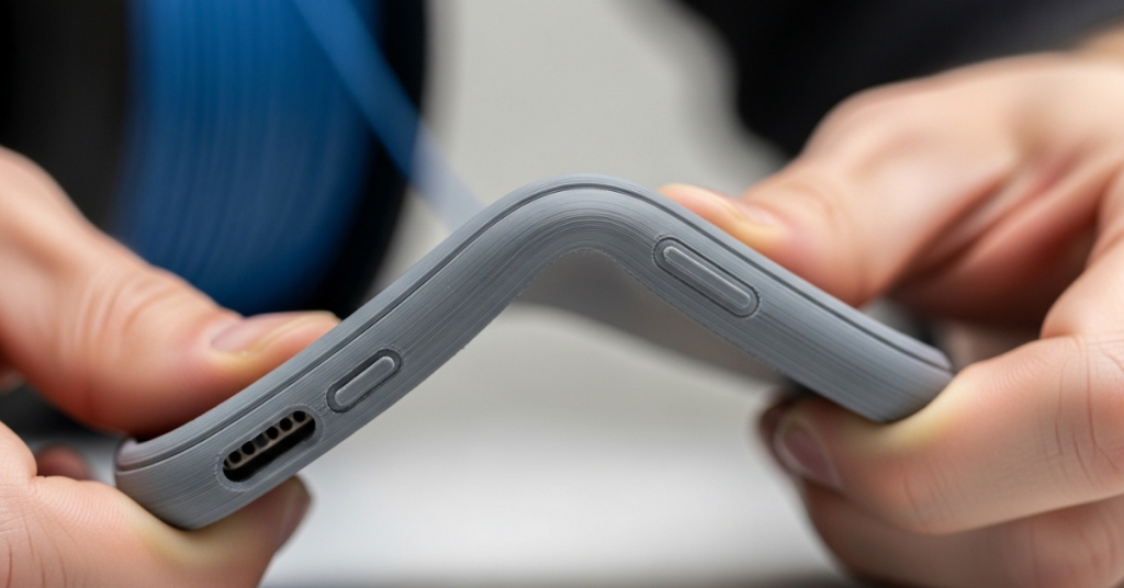 hands bending a flexible TPU 3D printed object demonstrating elasticity and durability