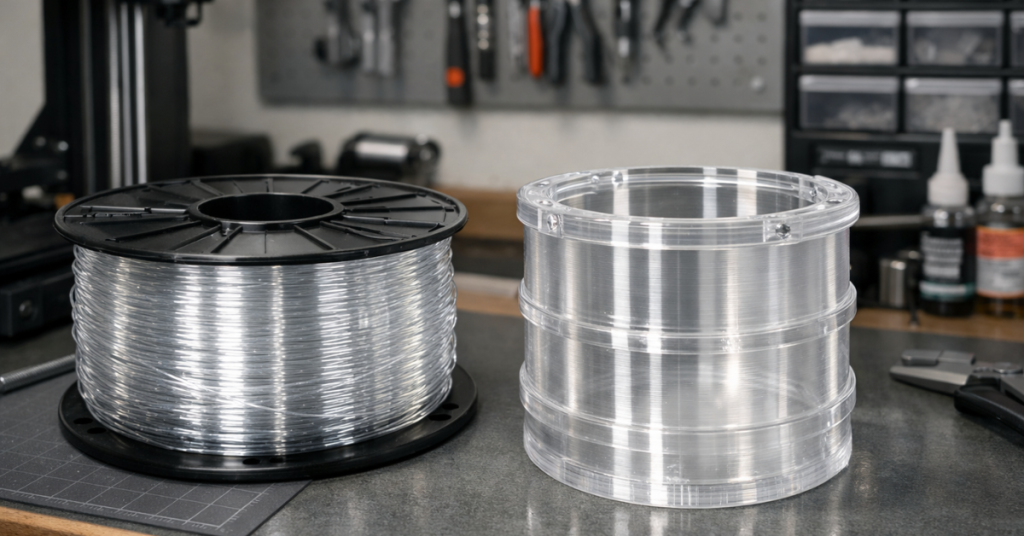 clear 3D printing filament spool next to a transparent printed object showing light transmission and clarity