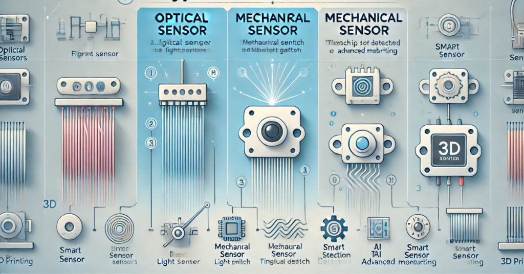 Educational diagram showing different types of 3D printer filament sensors, including optical sensors, mechanical sensors, and smart sensor technology used to prevent print failures.