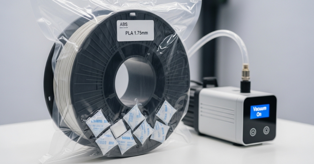 3D printer filament spool sealed in a vacuum storage bag with silica gel packs and a vacuum pump