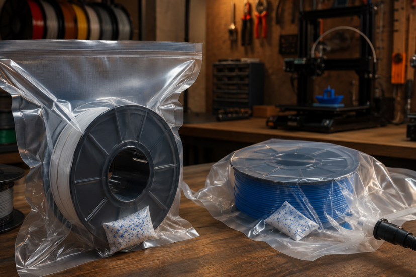 Multiple filament spools stored in vacuum-sealed bags with desiccant packs on a 3D printing workbench.