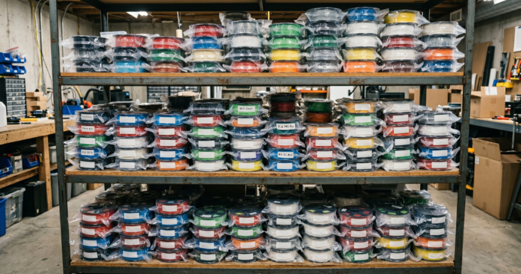 Large collection of vacuum-sealed filament spools organized on workshop storage shelves.