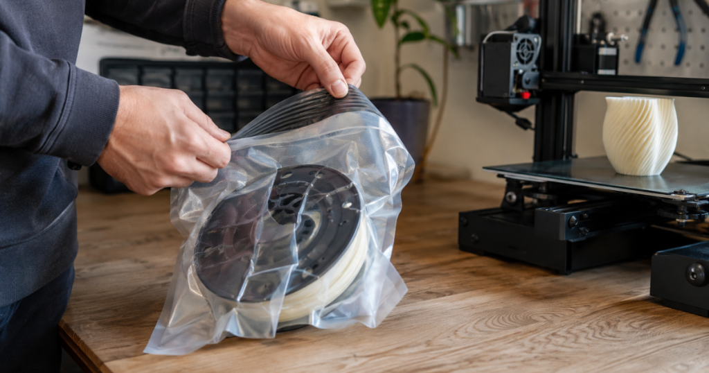 User opening a vacuum-sealed filament bag next to an active 3D printer before a print job.
