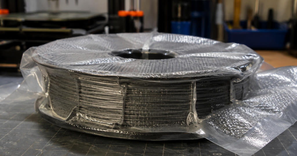 Close-up of a filament spool compressed inside a tightly vacuum-sealed storage bag.