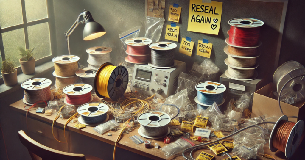 Cluttered workspace filled with filament spools, storage bags, and reminders to repeatedly reseal filament.