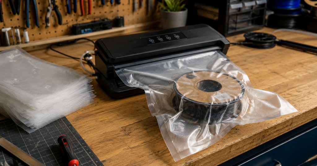 Vacuum sealer packaging a filament spool in a storage bag beside stacks of unused vacuum bags.