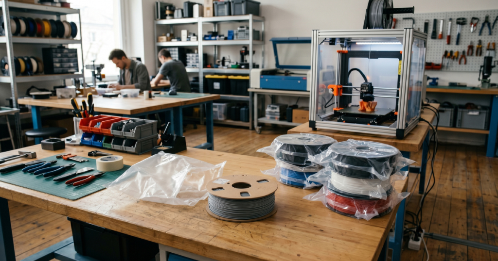 Several vacuum-sealed filament spools stored near 3D printers in a busy maker workshop.