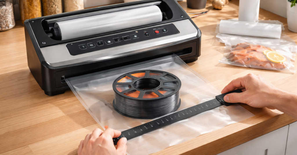 measuring and cutting vacuum sealer bag to fit a 3D printer filament spool before sealing for proper airtight storage