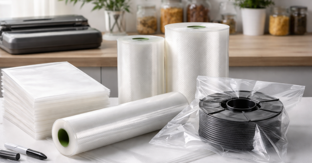 vacuum sealer bags and rolls with a 3D printer filament spool sealed inside demonstrating airtight storage materials for filament protection