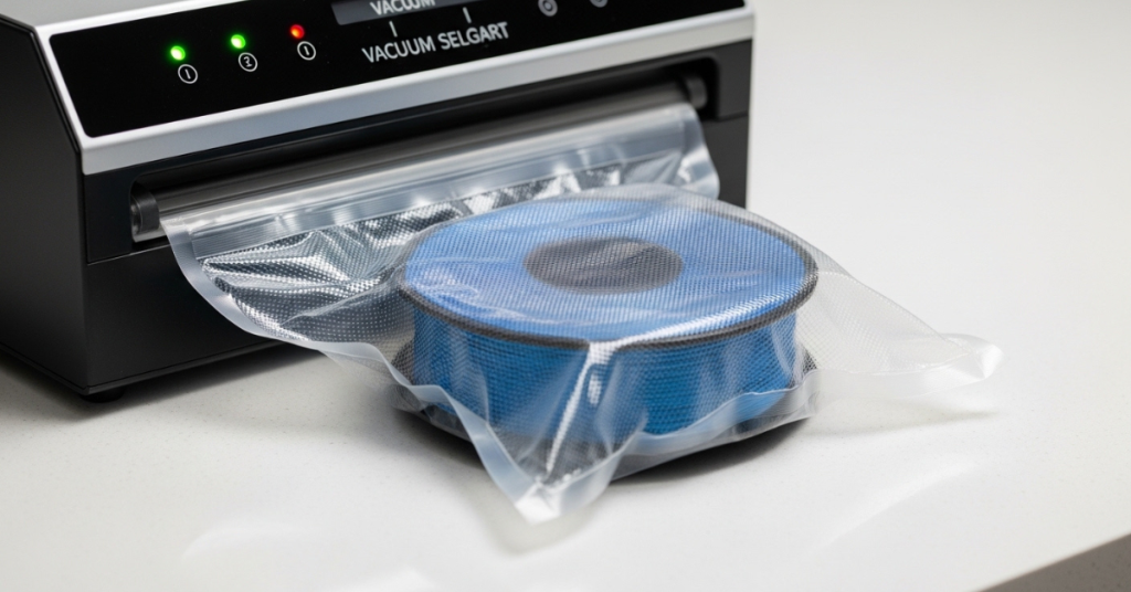 3D printer filament spool being vacuum sealed inside a textured airtight bag using a vacuum sealer machine for long-term storage