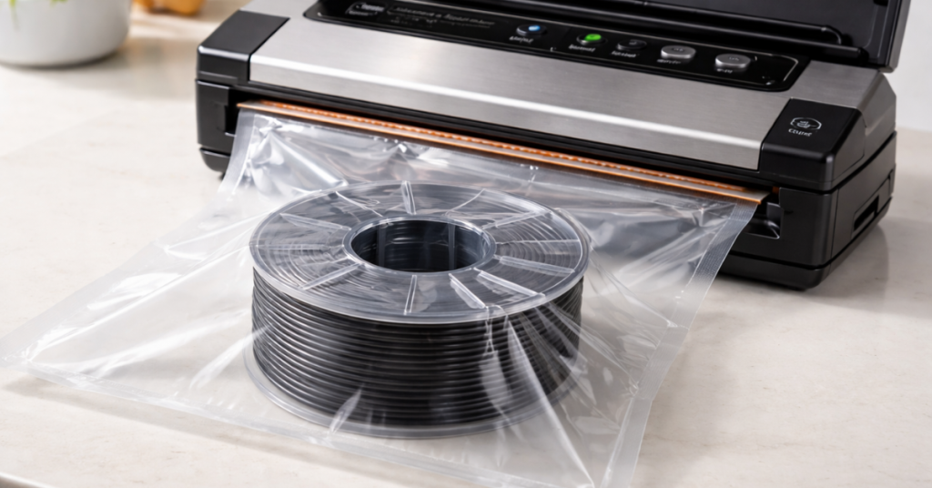 3D printer filament spool being vacuum sealed in a heavy-duty airtight bag for long-term moisture-free storage