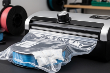 vacuum sealer machine sealing a 3D printer filament spool in an airtight bag with desiccant packs for moisture protection