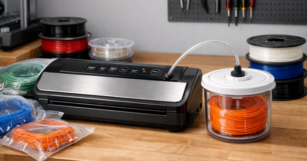 vacuum sealer and filament vacuum storage container system showing different methods for protecting 3D printing filament from moisture