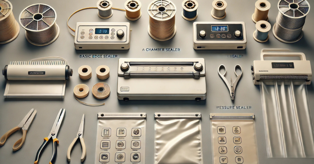 comparison of different vacuum sealer types including edge sealers and chamber sealers with tools and accessories for filament storage