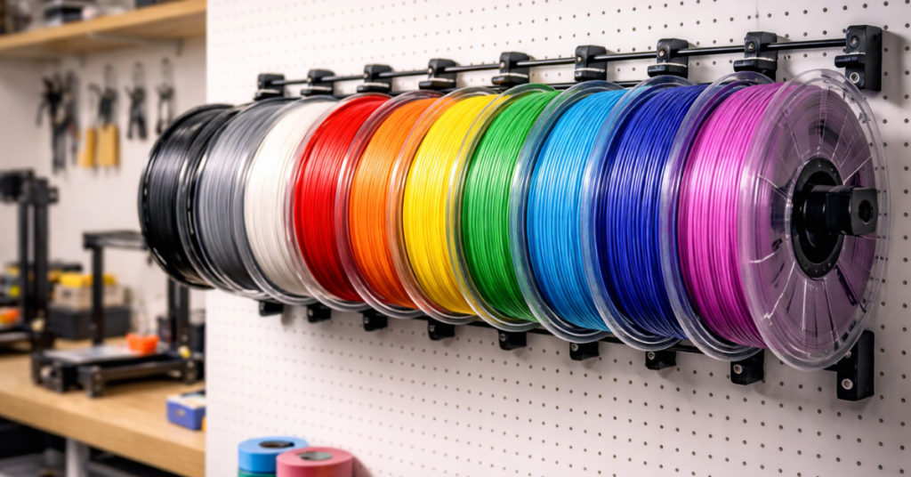 multiple 3D printer filament spools organized on a wall-mounted rack in a workshop setting