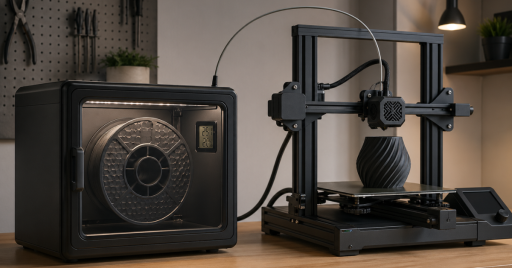 Enclosed filament dry cabinet connected to a 3D printer maintaining controlled humidity for consistent printing results.