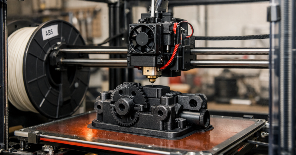 3D printer using ABS filament to print a durable mechanical part with gears on a heated bed