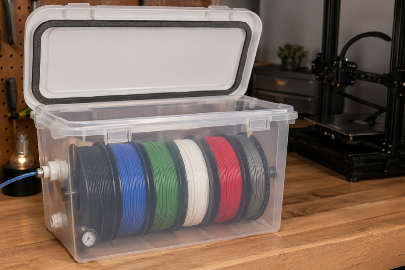 Clear plastic bin converted into an airtight filament container holding multiple spools with a sealed lid and feed-through fittings in a 3D printing workspace