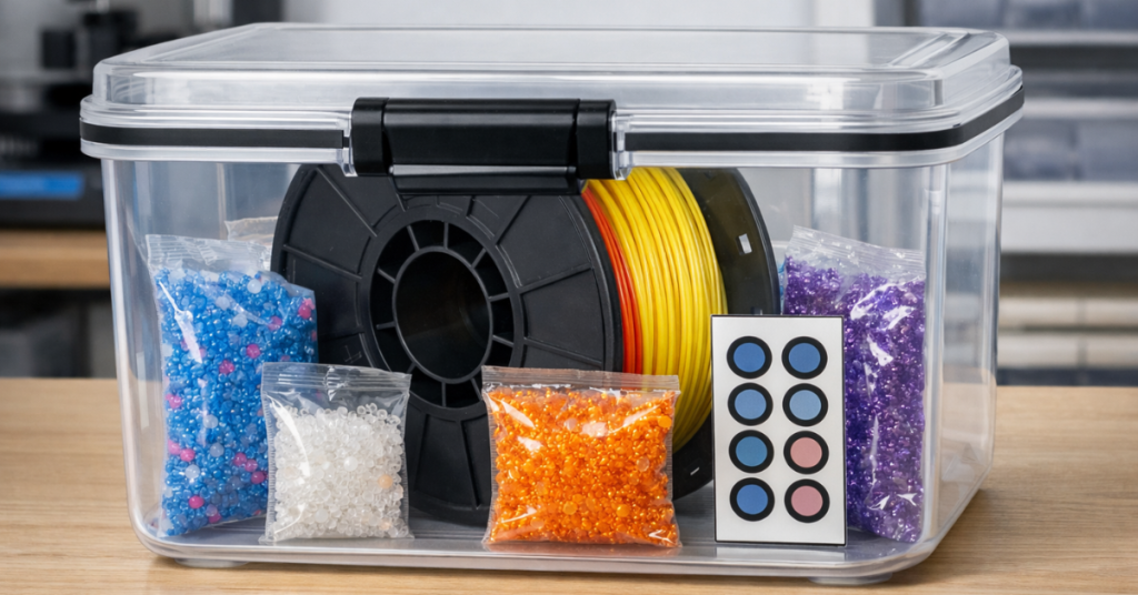3D filament spool stored inside a sealed plastic container with desiccant packs and a humidity indicator card for long-term dry storage.