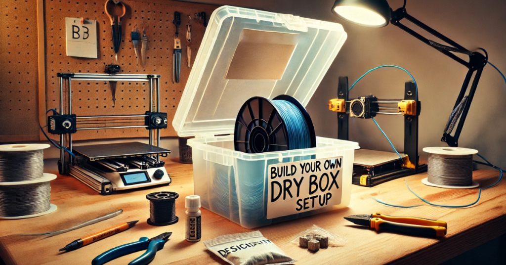 Airtight plastic bin with filament spools feeding through a tube directly into a 3D printer setup on a workbench