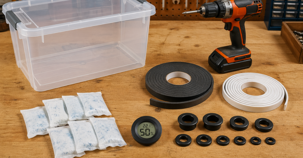 Plastic storage bin with desiccant packs, hygrometer, foam seals, and tools laid out for building an airtight filament container