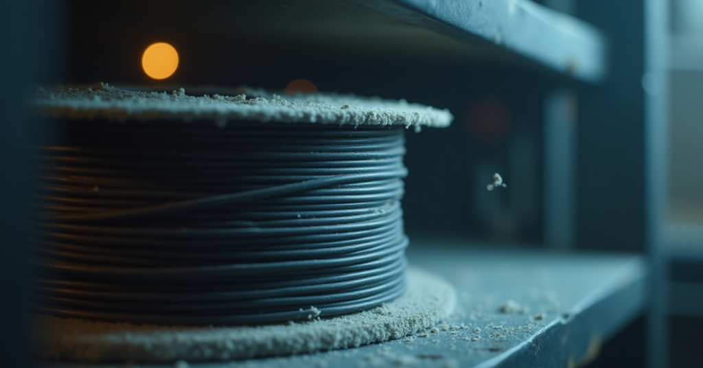 Close-up of a 3D filament spool covered in dust while sitting on an open shelf, illustrating improper storage for rarely used filament.