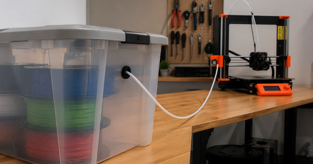 Airtight plastic bin with filament spools feeding through a tube directly into a 3D printer setup on a workbench