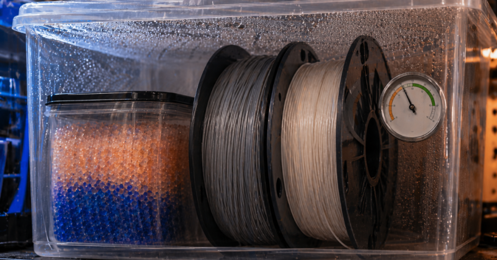 Filament spools in a sealed bin with visible condensation and a hygrometer alongside a container of color-changing desiccant beads.