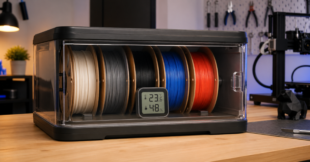 Storage bin with a Bluetooth humidity sensor while a smartphone displays real-time humidity tracking data.