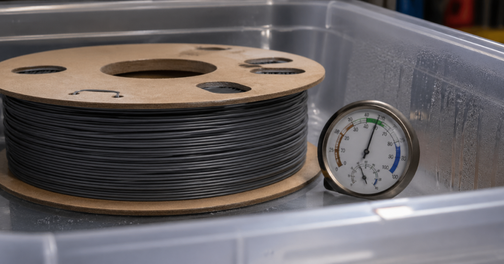 Close-up of a filament spool inside a plastic container with an analog hygrometer showing humidity levels.
