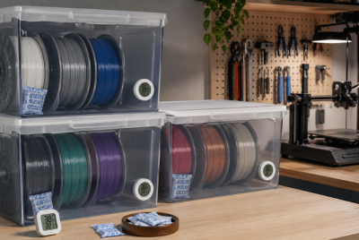 Multiple filament spools stored in plastic bins with digital hygrometers monitoring humidity levels in a 3D printing workspace.