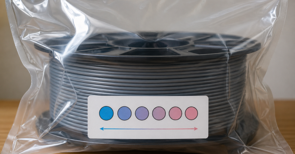 Filament spool sealed in a vacuum bag with a humidity indicator card displaying moisture levels.