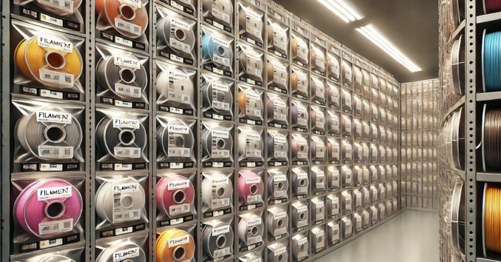 Shelving unit with multiple 3D filament spools stored in labeled airtight containers for organized long-term moisture protection.