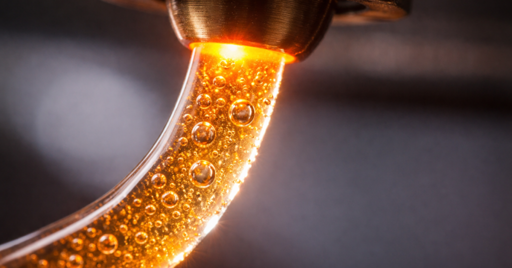 Macro close-up of molten 3D filament extruding from a heated nozzle with visible air bubbles caused by moisture contamination.