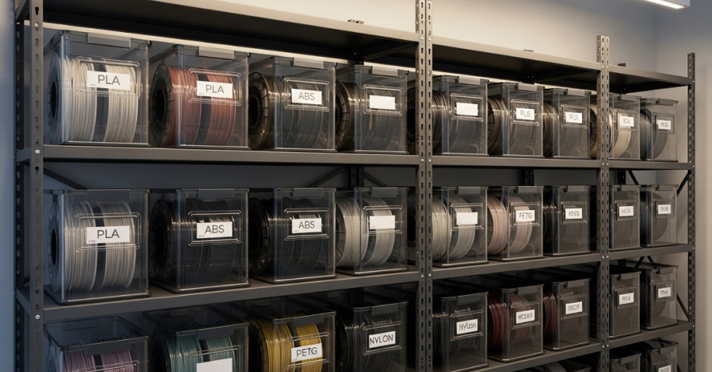 Shelving unit with multiple 3D filament spools stored in labeled airtight containers for organized long-term moisture protection.