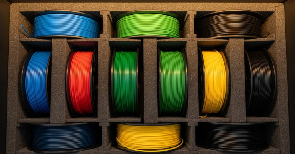Multiple filament spools neatly organized in a foam-lined airtight storage container with individual compartments for protection