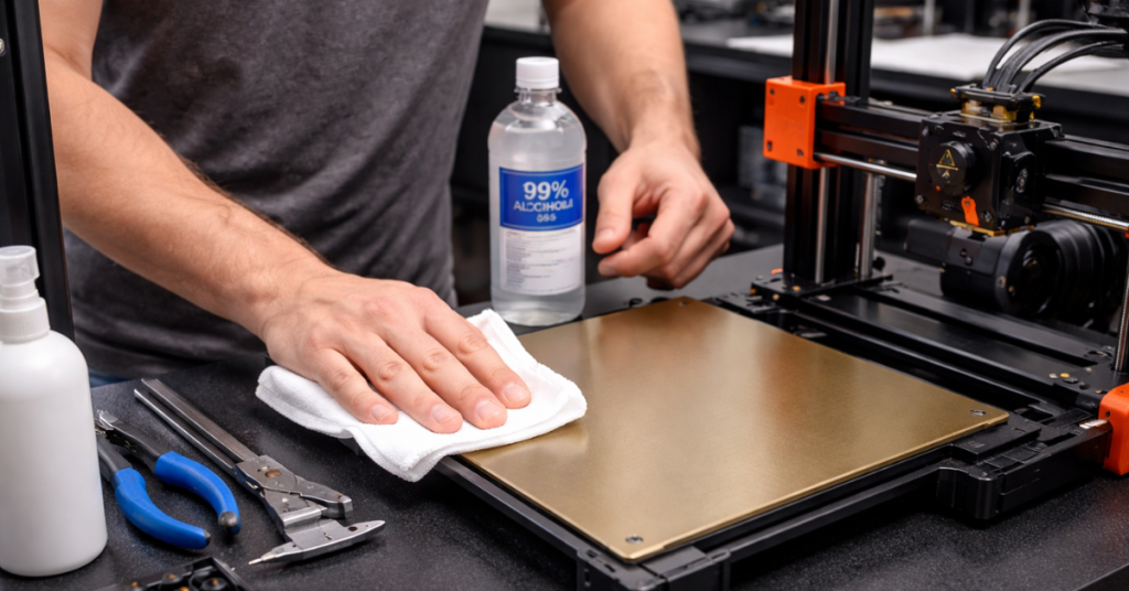 cleaning a PEI build surface with isopropyl alcohol and cloth to maintain proper adhesion for 3D printing