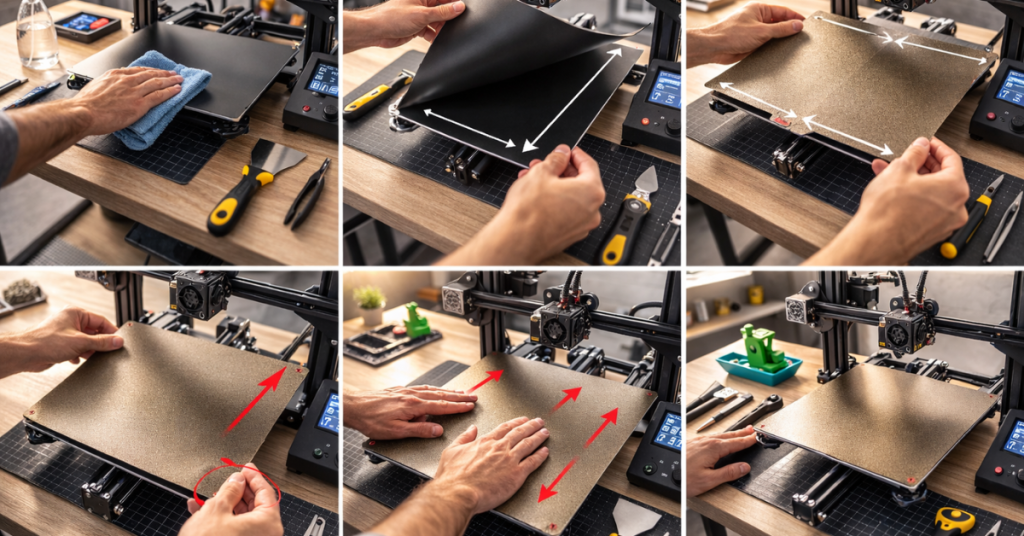 step-by-step process of installing a flexible PEI build plate on a 3D printer bed with tools and alignment