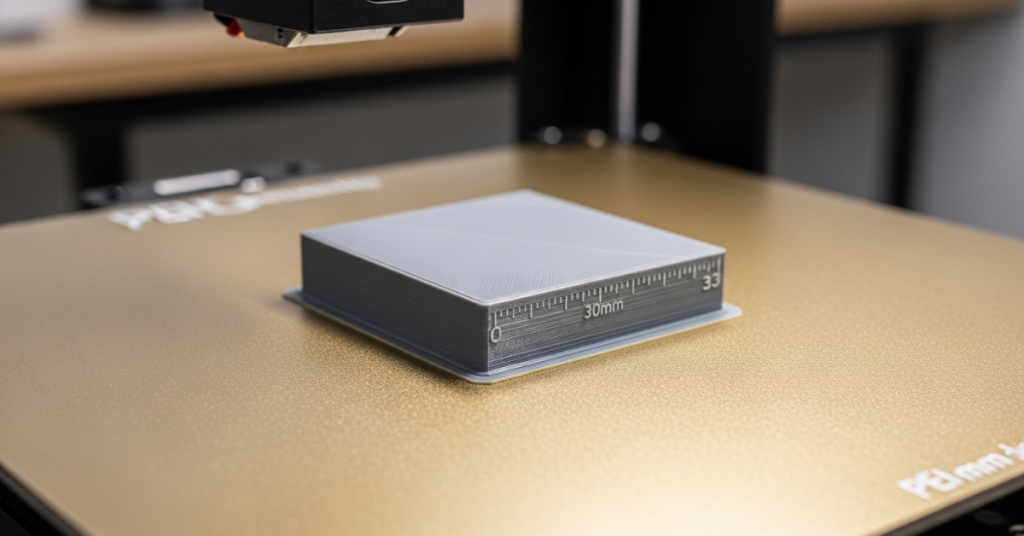 3D printed test cube on a PEI build surface showing smooth and accurate first layer adhesion