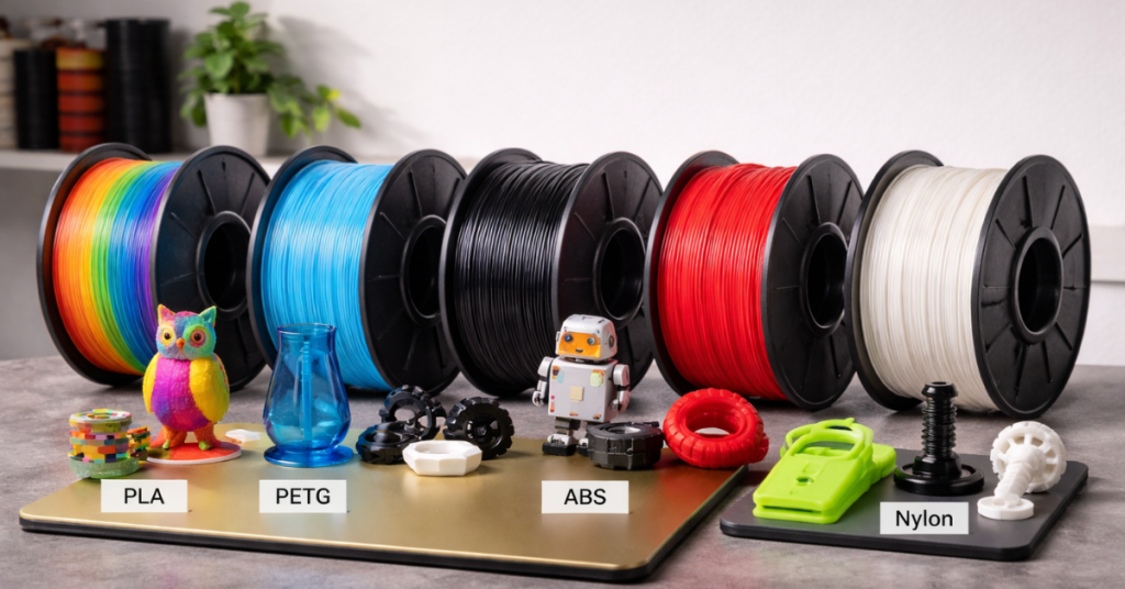 different 3D printing filaments including PLA, PETG, ABS, and nylon displayed with printed samples on a PEI build plate