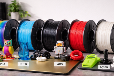 Spools of PLA, ABS, TPU, and nylon filament next to a 3D printer printing a model