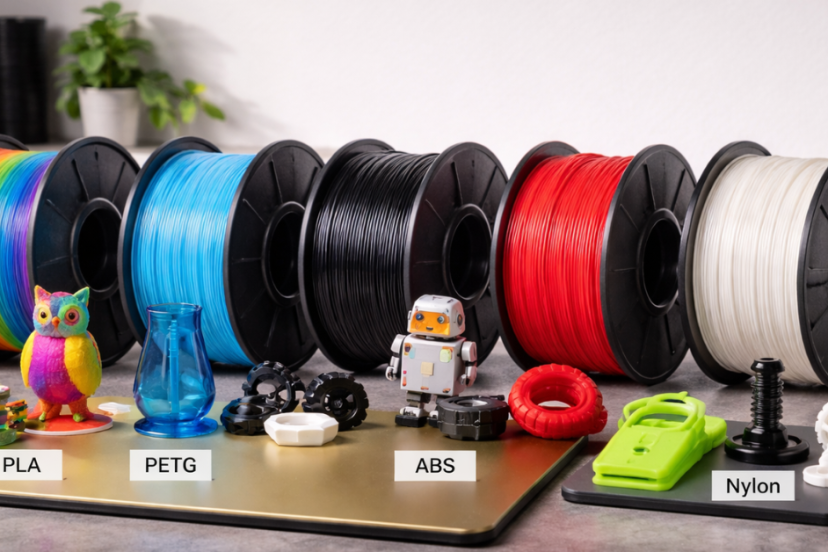 Spools of PLA, ABS, TPU, and nylon filament next to a 3D printer printing a model