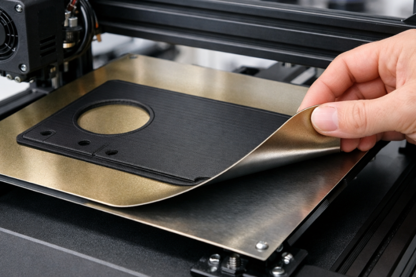 hand removing a flexible PEI build plate from a 3D printer showing easy print removal and smooth first layer