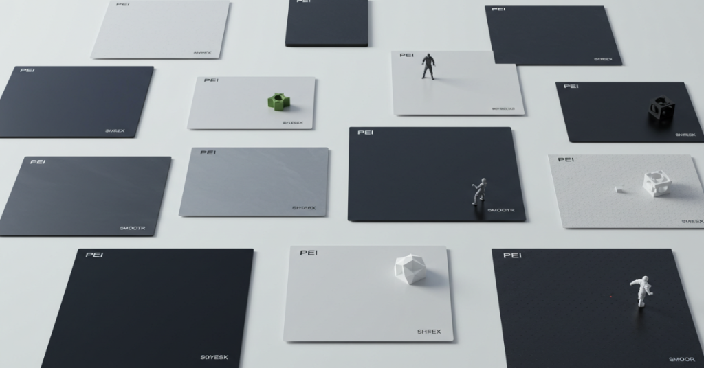 multiple PEI build plates in different finishes and styles arranged for comparison on a clean background