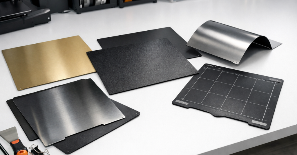 variety of PEI build plates including smooth and textured surfaces displayed on a workspace for comparison