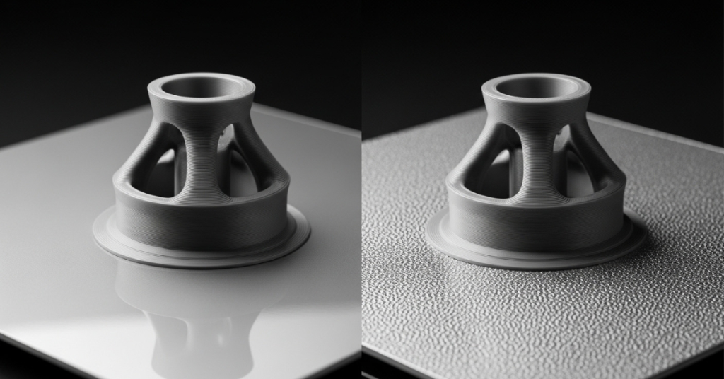 3D printed object on smooth and textured PEI build surfaces showing differences in finish and texture