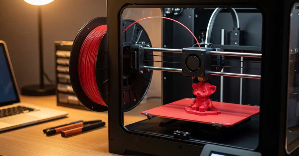 3D printer using red PLA filament to print a small model on a desktop workspace