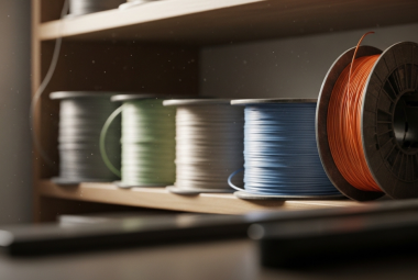 Several 3D filament spools sitting uncovered on a wooden shelf, representing filament that is rarely used and exposed to ambient humidity.